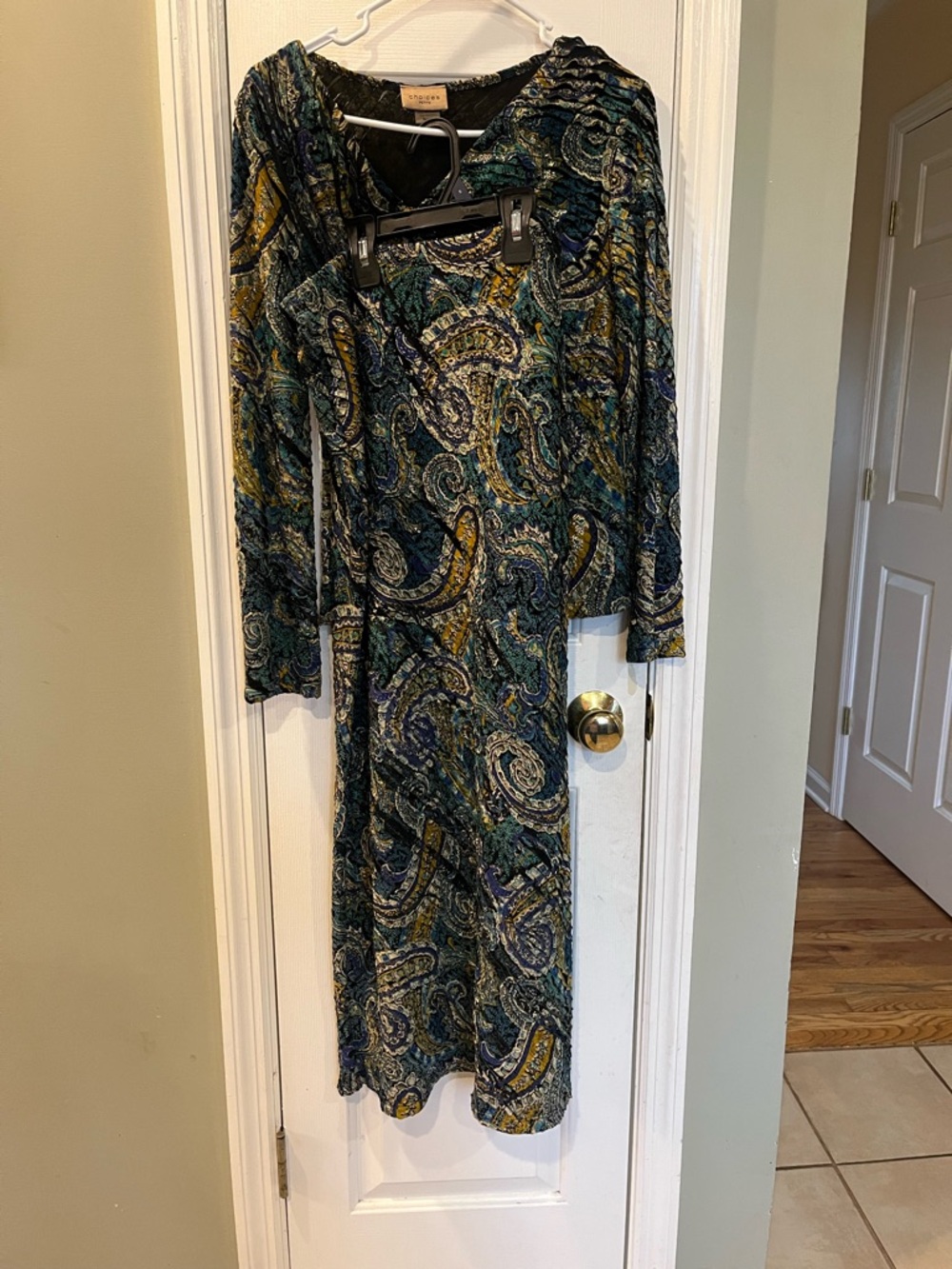 Vintage Choices Petite Paisley Plissé 2pc Skirt Set Cowl Neck Boho Teal Gold b2